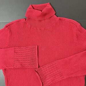 Vintage Leslie Fay Turtle Neck Women's L Red Crochet Sleeves Preppy Business